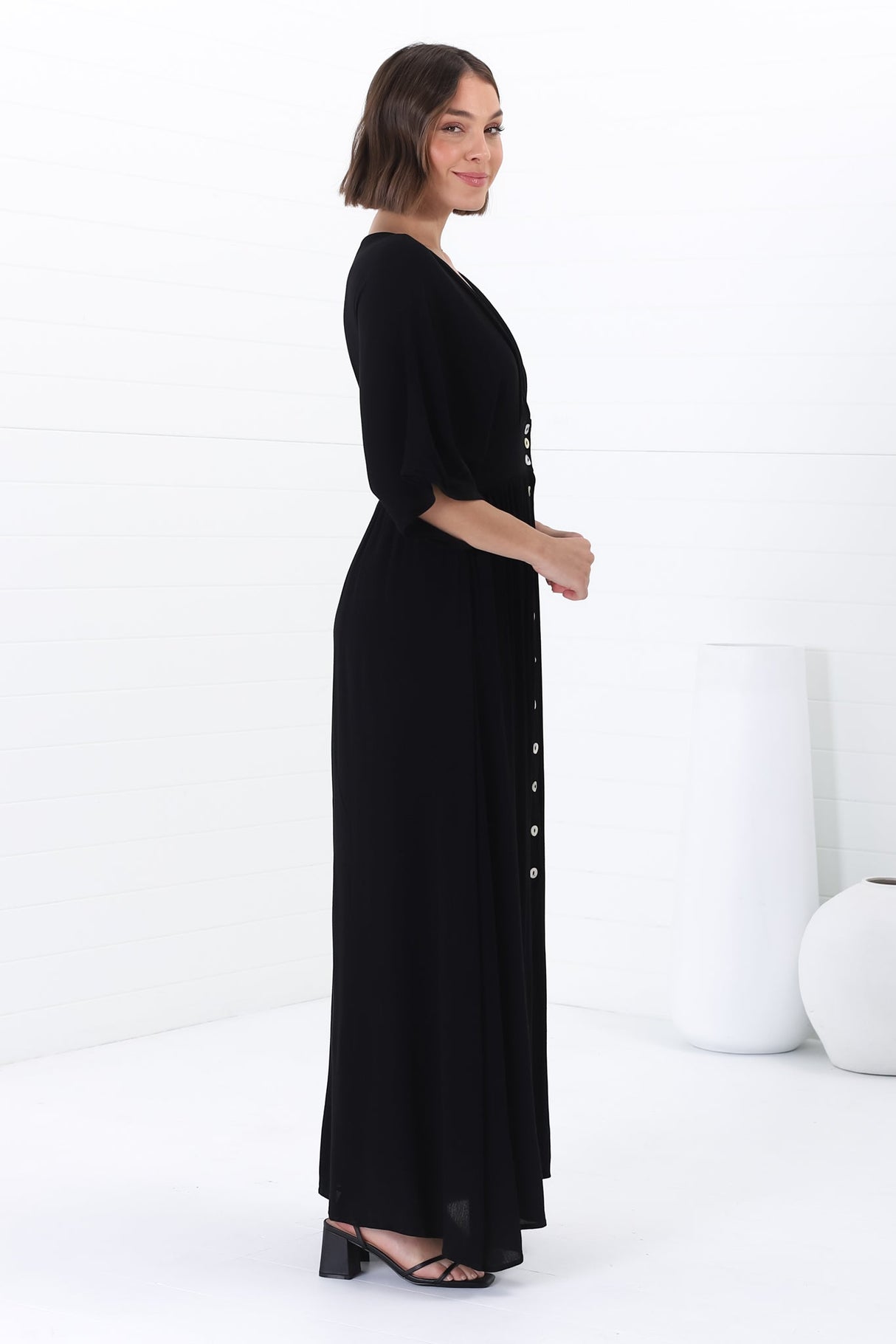 Zyla Maxi Dress -  V Neck Button Down Kimono Sleeve Dress in Black