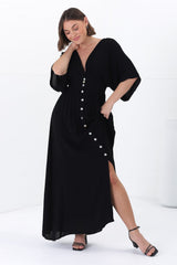 Zyla Maxi Dress -  V Neck Button Down Kimono Sleeve Dress in Black