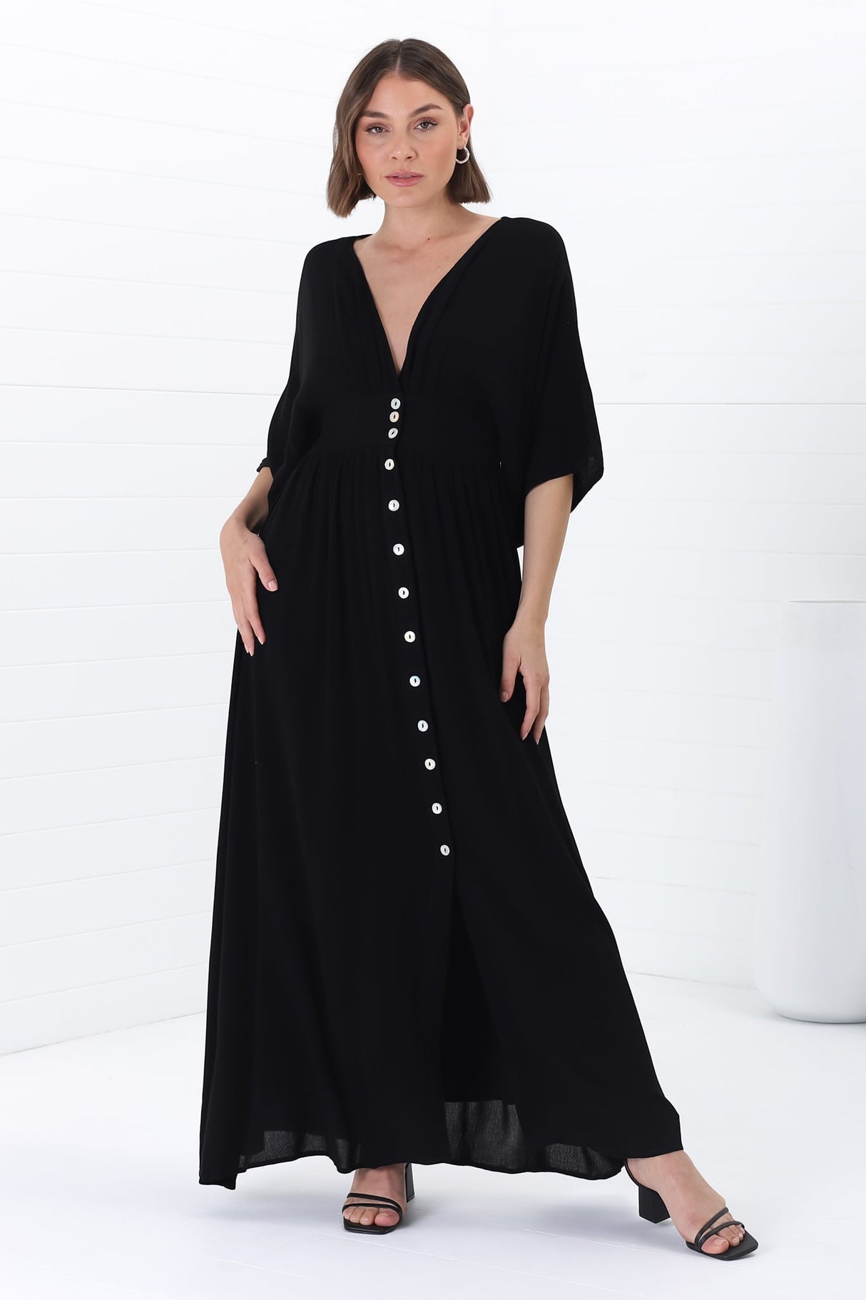 Zyla Maxi Dress -  V Neck Button Down Kimono Sleeve Dress in Black