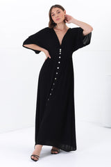 Zyla Maxi Dress -  V Neck Button Down Kimono Sleeve Dress in Black