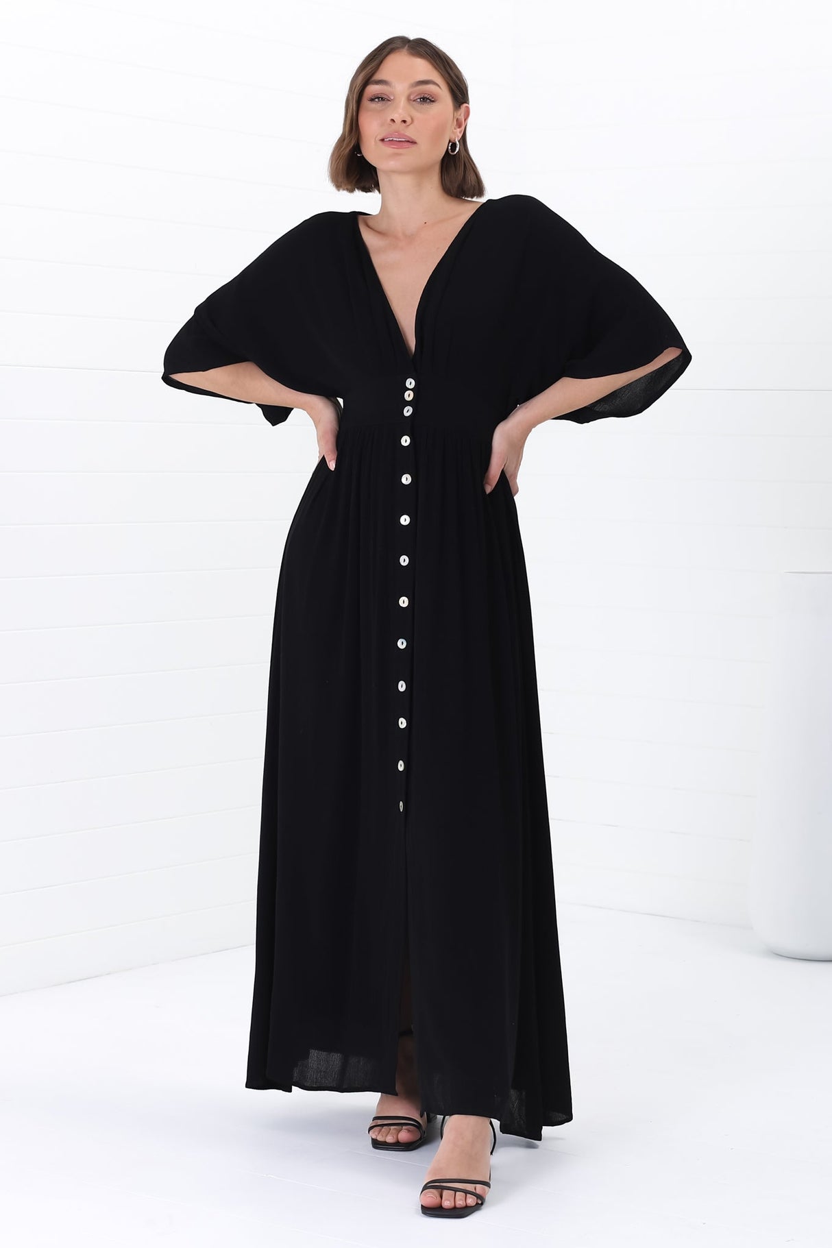 Zyla Maxi Dress -  V Neck Button Down Kimono Sleeve Dress in Black