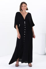 Zyla Maxi Dress -  V Neck Button Down Kimono Sleeve Dress in Black