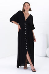 Zyla Maxi Dress -  V Neck Button Down Kimono Sleeve Dress in Black