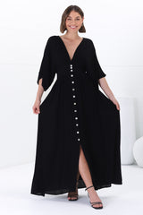 Zyla Maxi Dress -  V Neck Button Down Kimono Sleeve Dress in Black