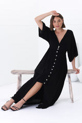 Zyla Maxi Dress -  V Neck Button Down Kimono Sleeve Dress in Black