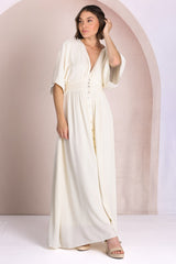 Zyla Maxi Dress -  V Neck Button Down Kimono Sleeve Dress in Cream