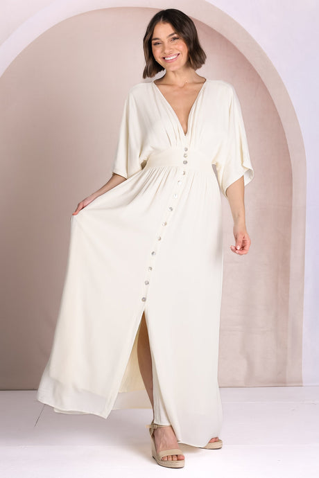 Zyla Maxi Dress -  V Neck Button Down Kimono Sleeve Dress in Cream