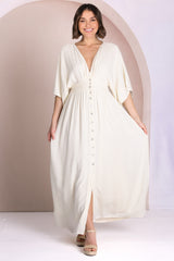 Zyla Maxi Dress -  V Neck Button Down Kimono Sleeve Dress in Cream