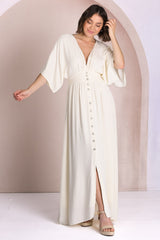 Zyla Maxi Dress -  V Neck Button Down Kimono Sleeve Dress in Cream