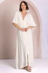 Zyla Maxi Dress -  V Neck Button Down Kimono Sleeve Dress in Cream