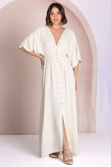 Zyla Maxi Dress -  V Neck Button Down Kimono Sleeve Dress in Cream