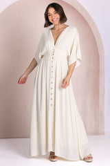 Zyla Maxi Dress -  V Neck Button Down Kimono Sleeve Dress in Cream