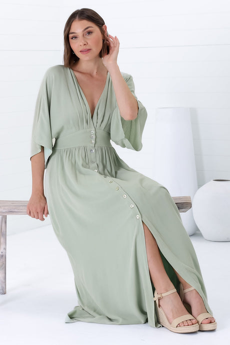 Zyla Maxi Dress -  V Neck Button Down Kimono Sleeve Dress in Mint