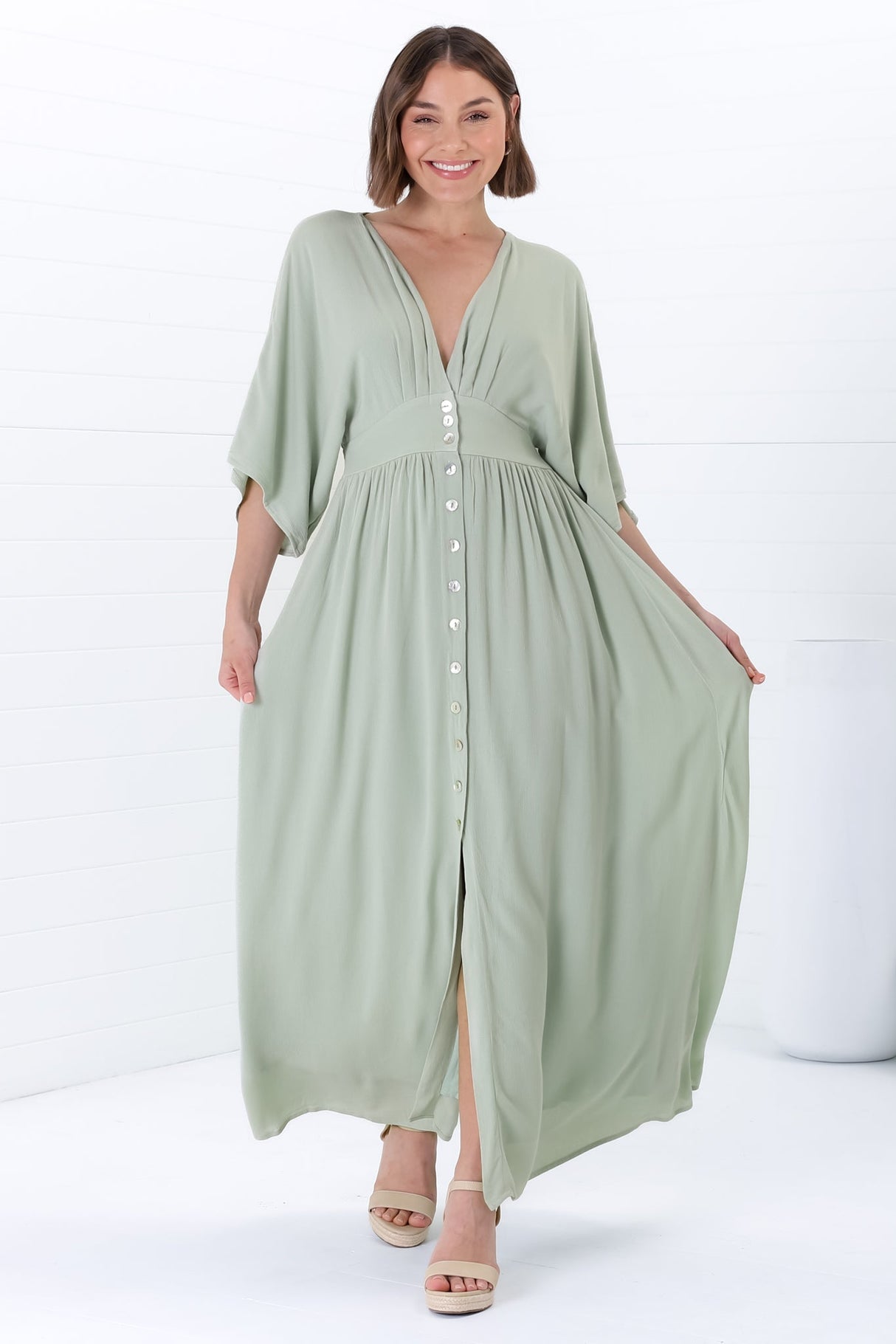 Zyla Maxi Dress -  V Neck Button Down Kimono Sleeve Dress in Mint