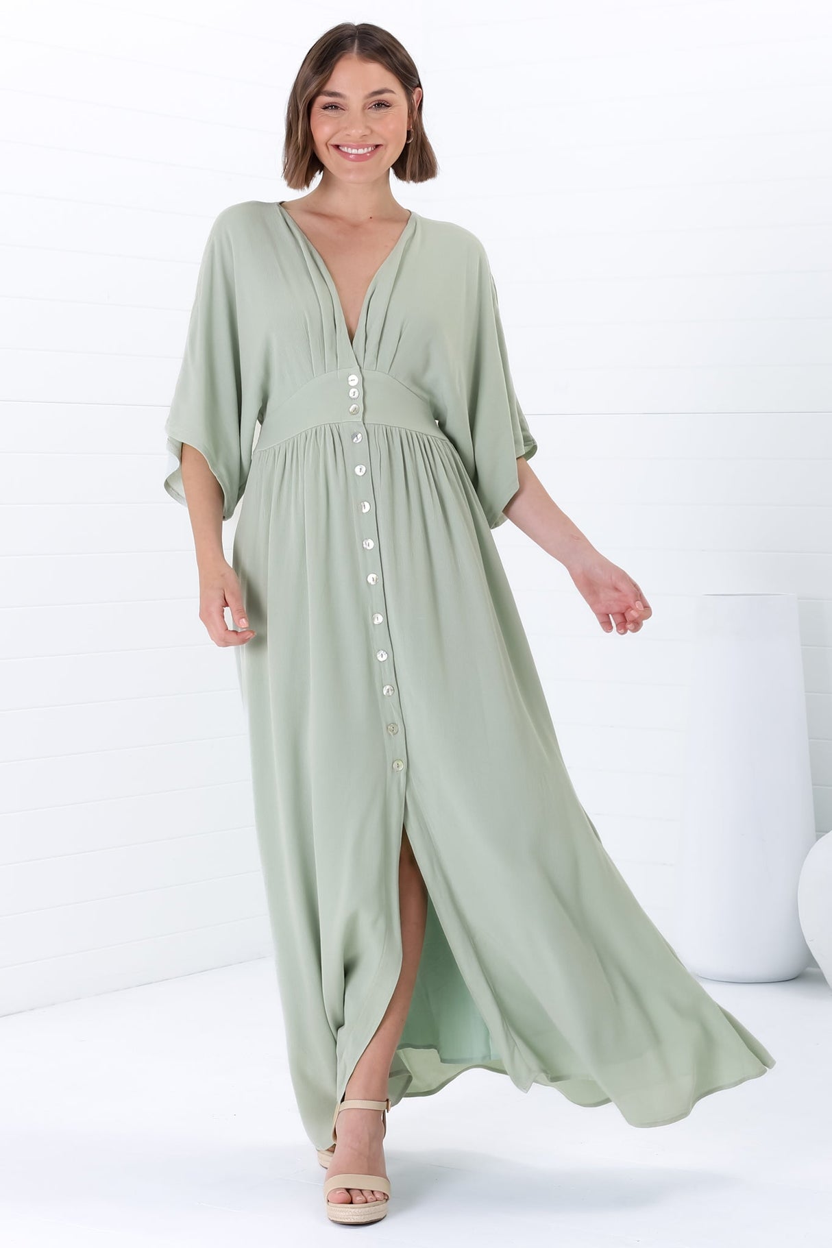 Zyla Maxi Dress -  V Neck Button Down Kimono Sleeve Dress in Mint