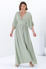 Zyla Maxi Dress -  V Neck Button Down Kimono Sleeve Dress in Mint