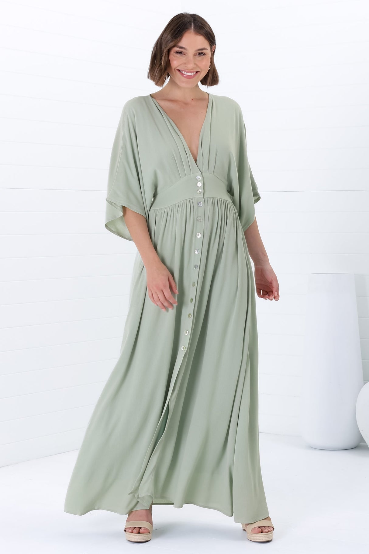 Zyla Maxi Dress -  V Neck Button Down Kimono Sleeve Dress in Mint