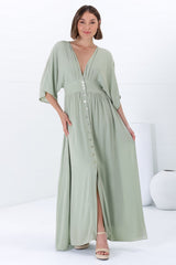 Zyla Maxi Dress -  V Neck Button Down Kimono Sleeve Dress in Mint