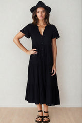 Milla Midi Dress - Tiered Cap Sleeve Button Down Linen Dress in Black