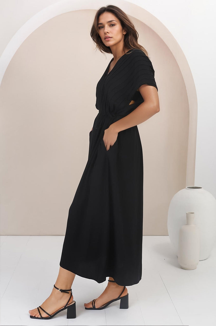 Ashanti Midi Dress - Pin Tuck V Neck Pull Over Dress with Waist Tie in Black