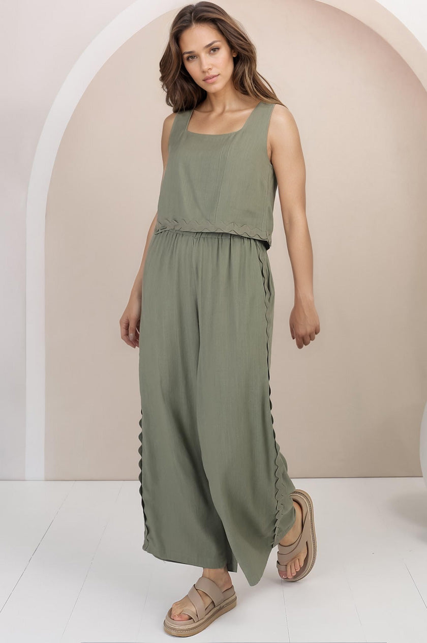 Bailie Linen Set - Boxy Top and Pant Set with Rick Rack Detailing in Khaki