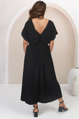 Ashanti Midi Dress - Pin Tuck V Neck Pull Over Dress with Waist Tie in Black