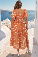 Shira Midi Dress - On Or Off Shoulder Elasticated Bodice Dress With Short Balloon Sleeves In Embry Print Orange