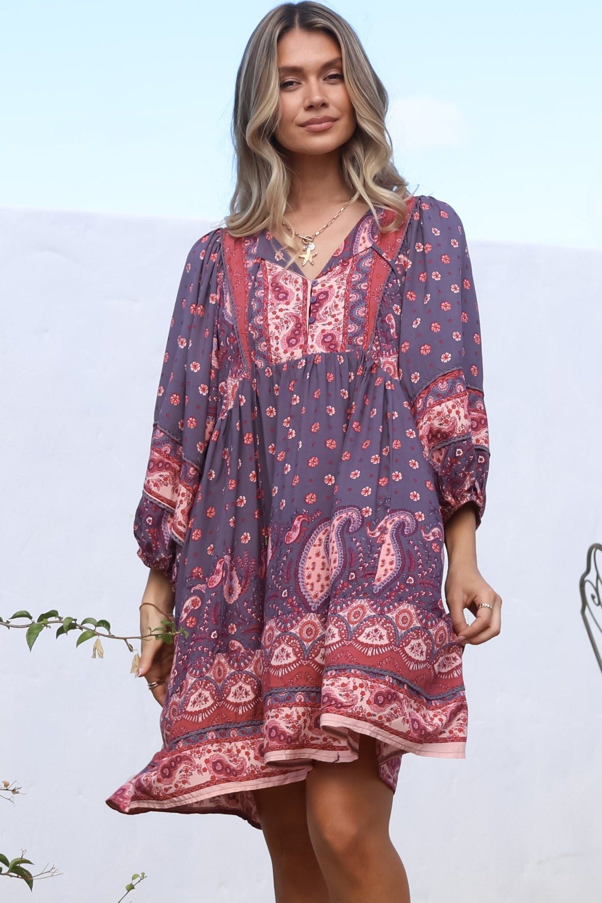 JAASE - Adela Mini Dress: Oversized Smock Dress with Batwing Sleeves in Dancing Daisy Print