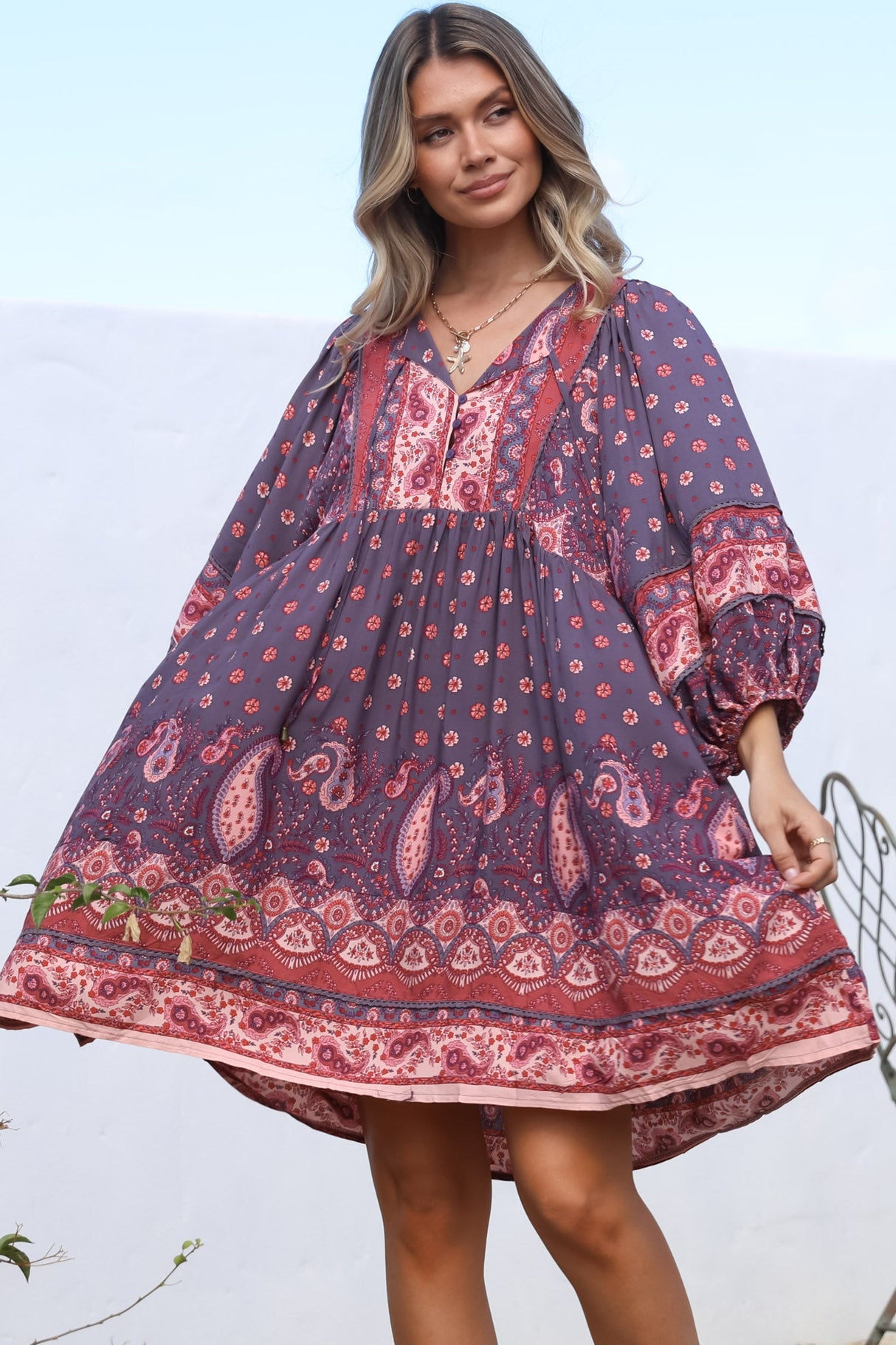 JAASE - Adela Mini Dress: Oversized Smock Dress with Batwing Sleeves in Dancing Daisy Print
