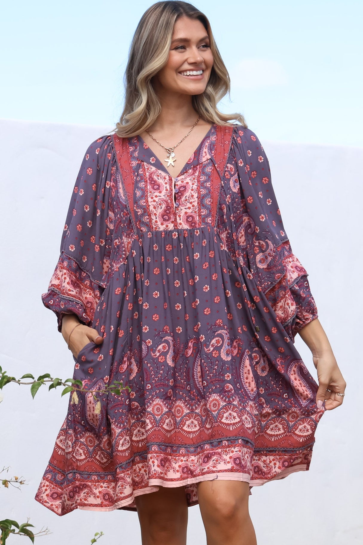 JAASE - Adela Mini Dress: Oversized Smock Dress with Batwing Sleeves in Dancing Daisy Print