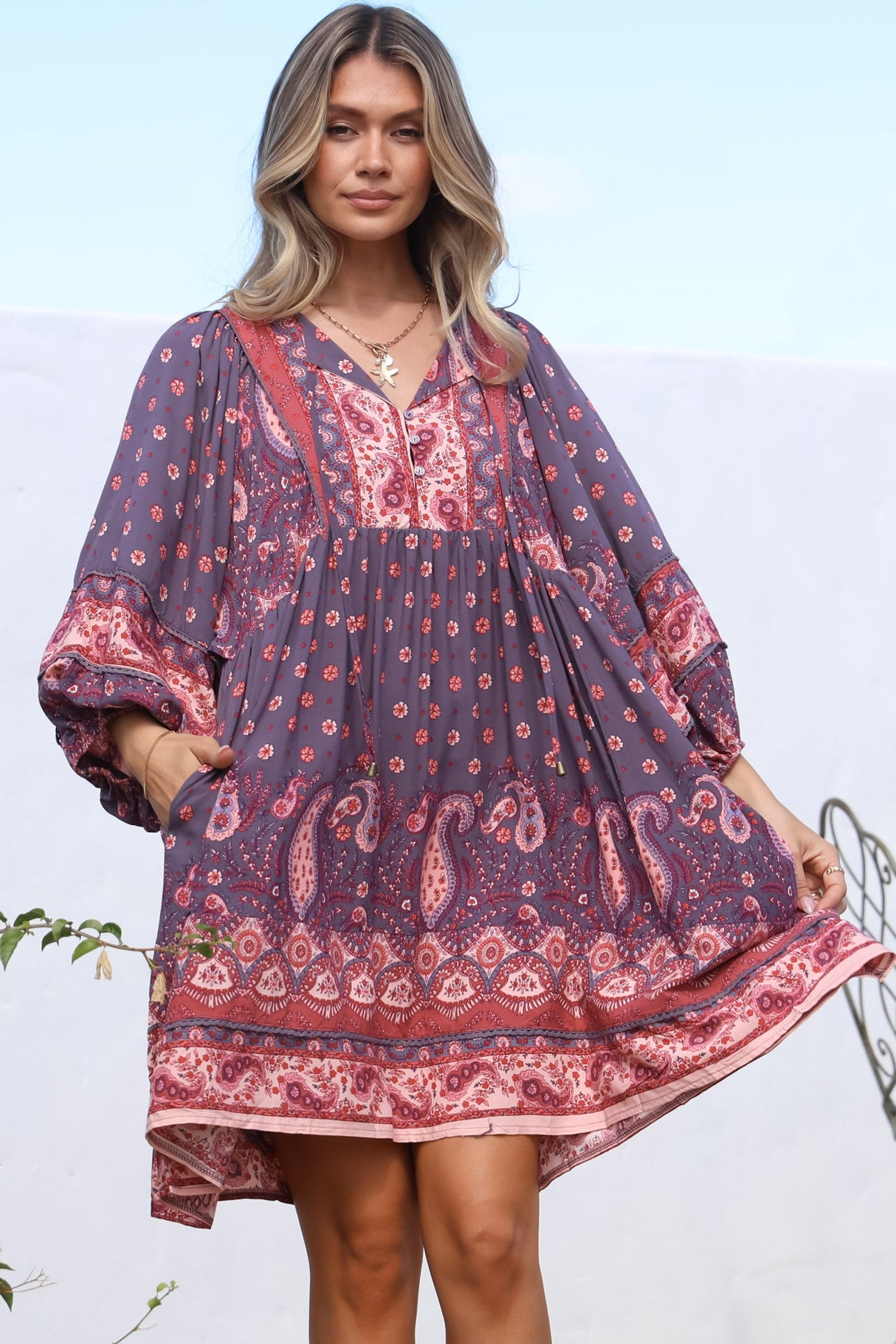 JAASE - Adela Mini Dress: Oversized Smock Dress with Batwing Sleeves in Dancing Daisy Print