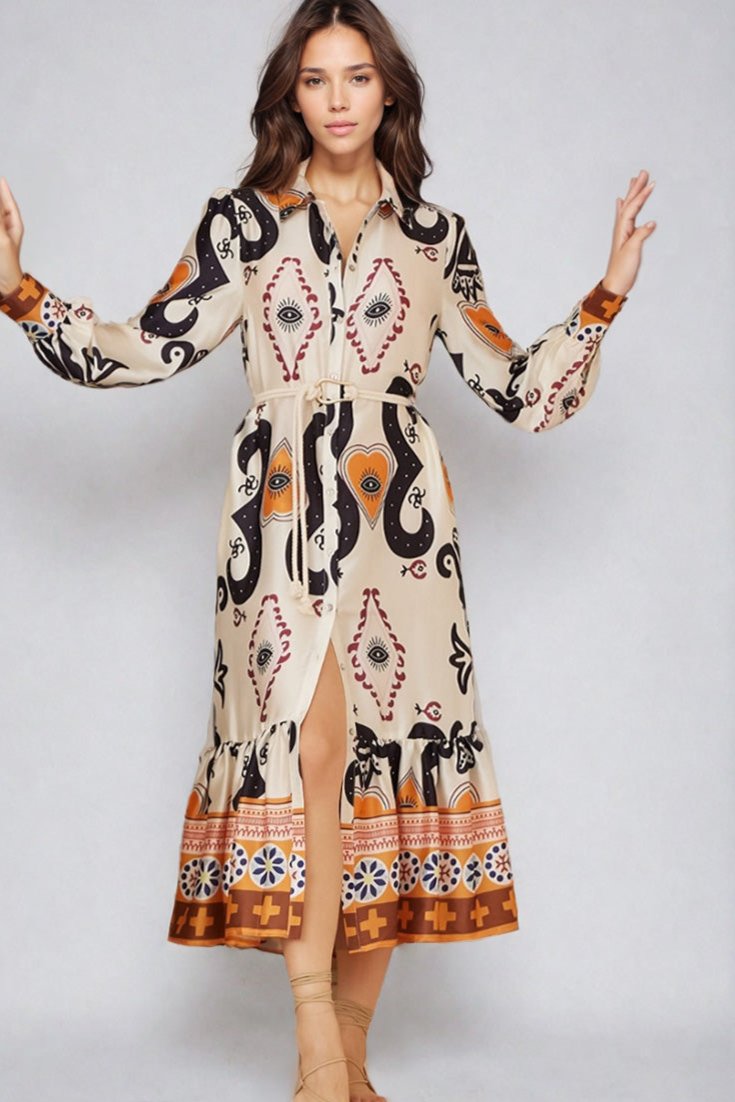 Thaya Maxi Dress - Collared Shirt Dress with Rope Belt in Belrae Print