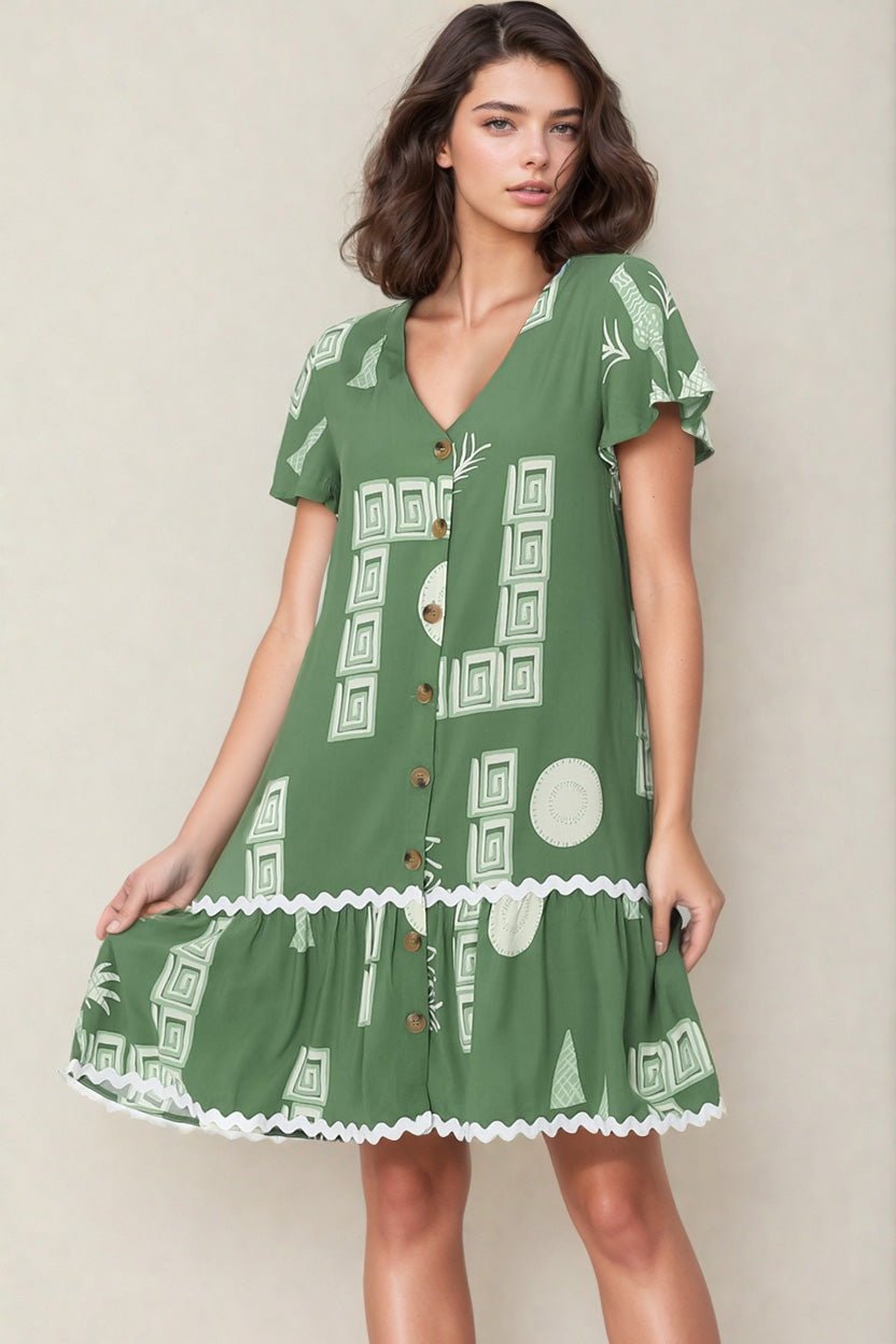 Amaris Mini Dress - V Neck Button Down Dress with Rick Rack Decal Saba Print in Green