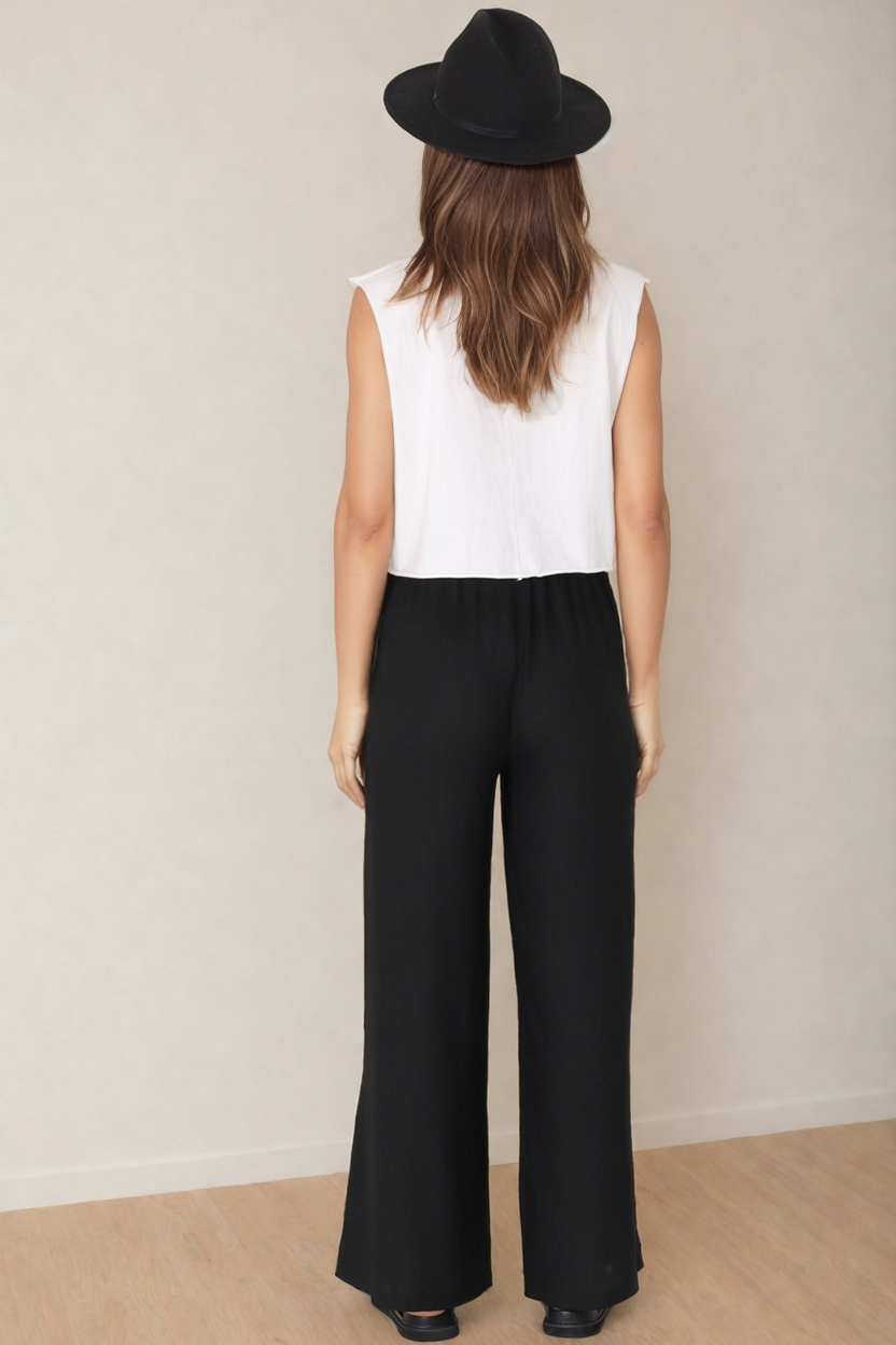 Leslie Linen Pants - Linen Elasticated Waist Straight Leg Pants in Black