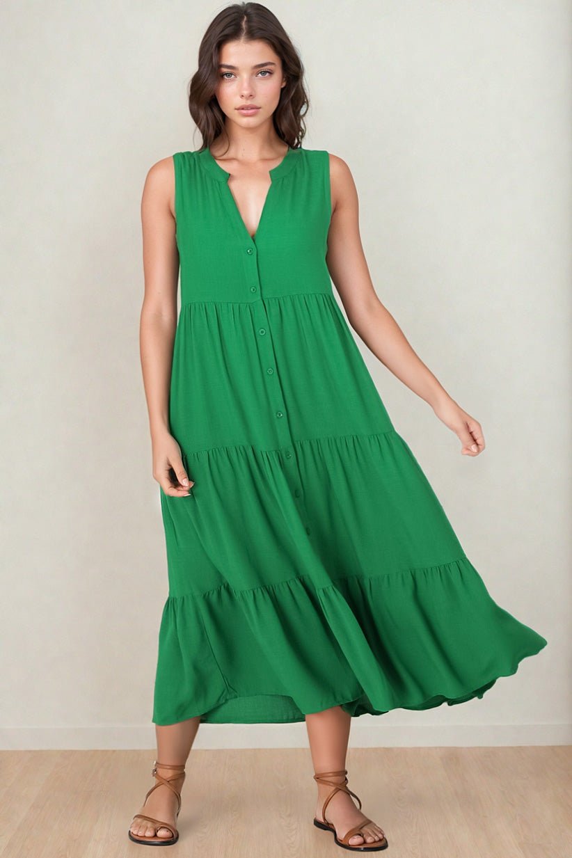 Fifi Linen Midi Dress - Mandarin Collar Sleeveless Button Down Dress in Green