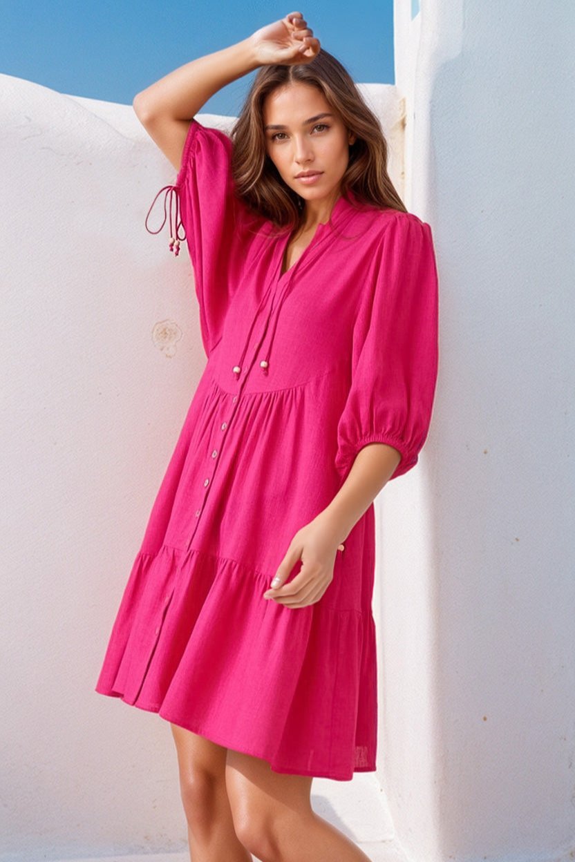 Lea Mini Dress - 3/4 Sleeve Babydolll Dress in Hot Pink