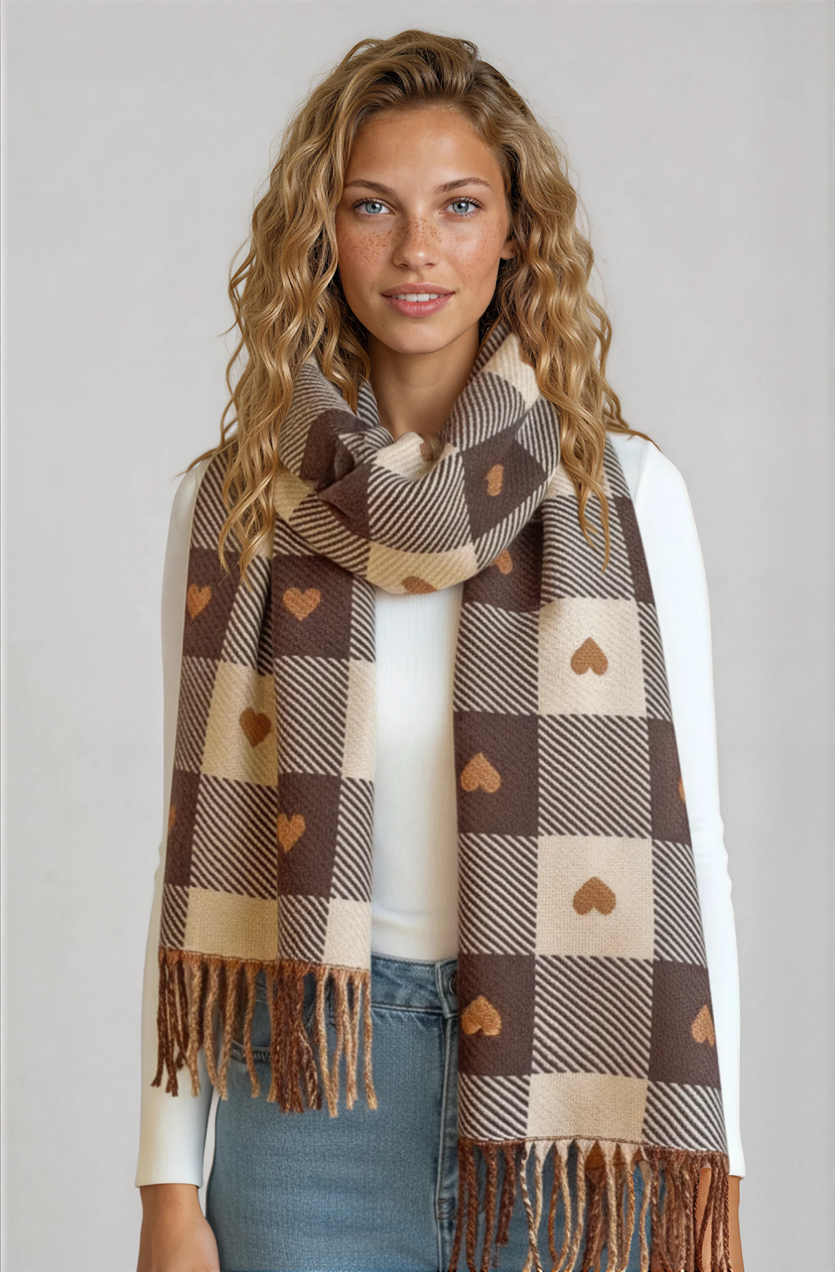 Minka Scarf - Soft Cozy Wrap Scarf with Heart and Check Print in Coffee