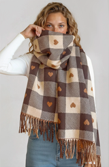 Minka Scarf - Soft Cozy Wrap Scarf with Heart and Check Print in Coffee