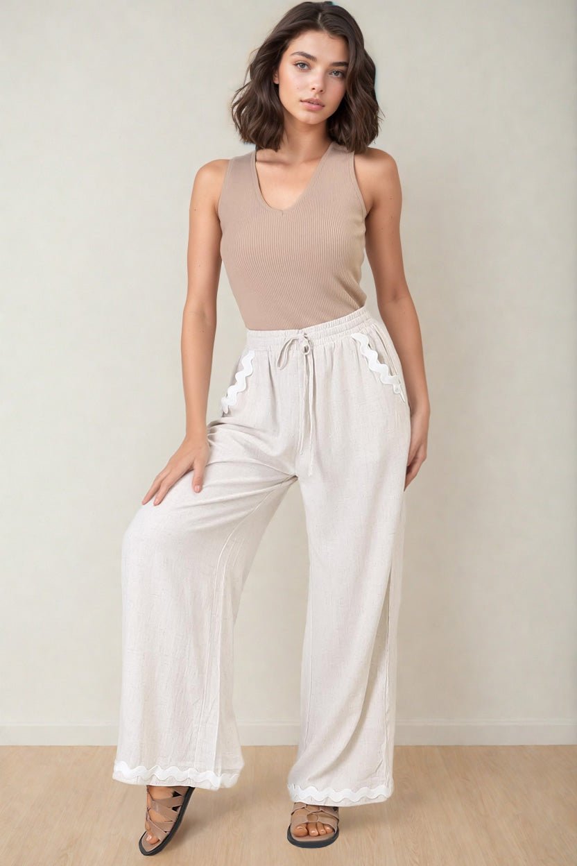 Bailie Linen Pants - Rick Rack Detailed Straight Leg Pants in Oat