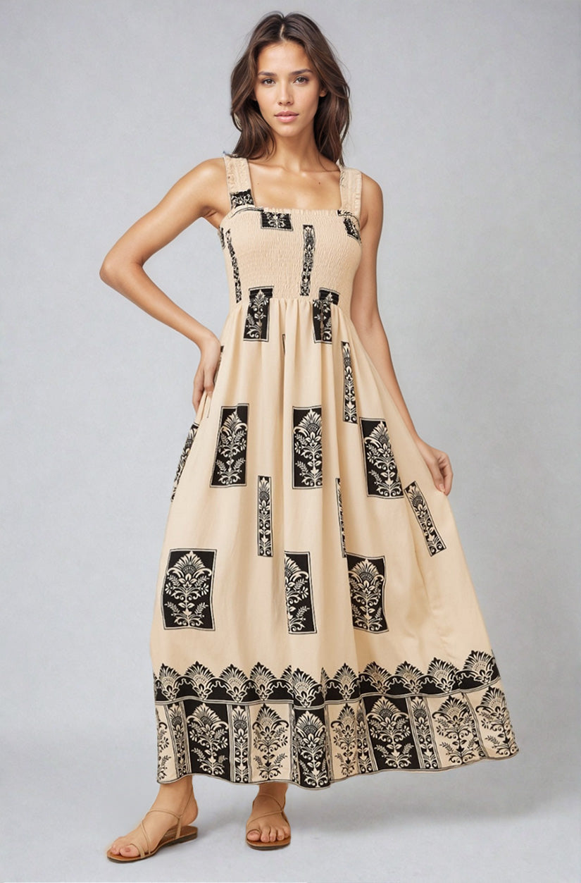 Carmelle Maxi Dress - Thick Strap Elasticated Bodice Sun Dress in Cannes Print