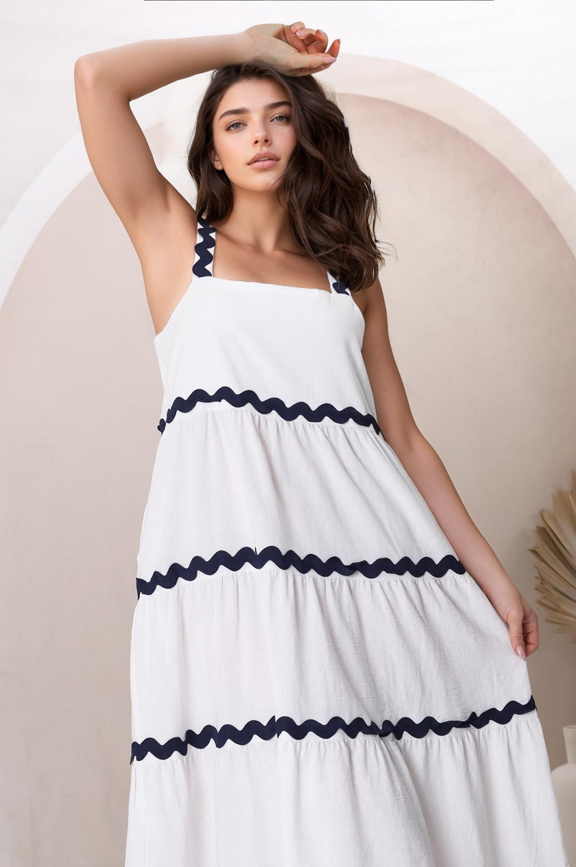 Bailie Maxi Dress - Rick Rack Detailed Sun Dress with Pockets in White