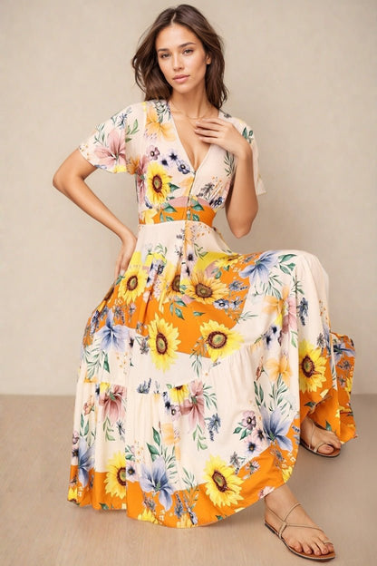 Libby Maxi Dress - Flutter Cap Sleeve Button Waist Detailed A Line Dress in Tansy Print