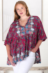 JAASE - Chloe Top: Very Oversized Crochet Trim Neckline Smock Top in Strawberry Kiss Print