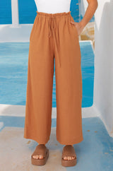 Armon Pants - Paper Bag Waist with Tie Wide Leg Pants in Rust