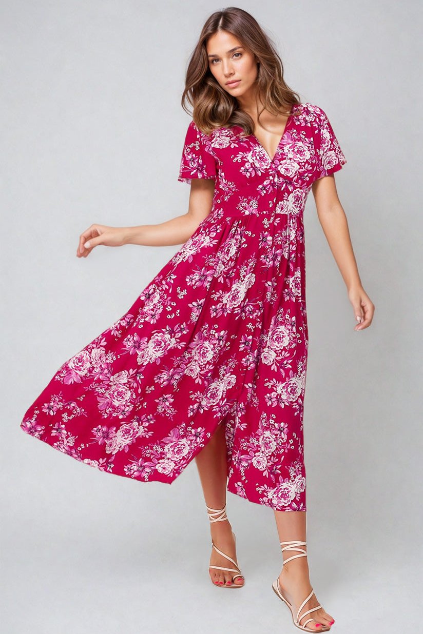 Anais Midi Dress - Cap Flutter Sleeve Button Down A Line Dress in Kimberly Print