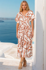 Charis Midi Dress - Pull In V Neckline Dress With Cap Balloon Sleeves In Rust