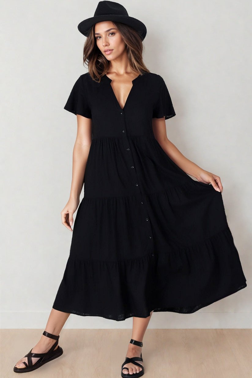 Milla Midi Dress - Tiered Cap Sleeve Button Down Linen Dress in Black