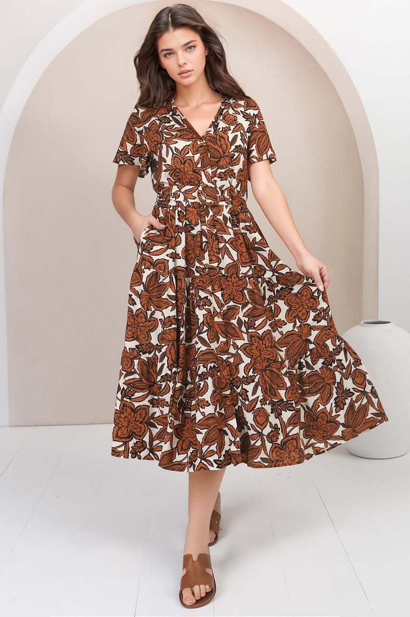 Luvira Midi Dress - Button Down Collared Dress With Statement Belt In Kallie Print