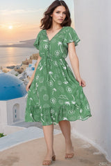 Kaida Midi Dress - Lattice Trim Detailed Buttoned Bodice A-Line Dress in Maui Print Green