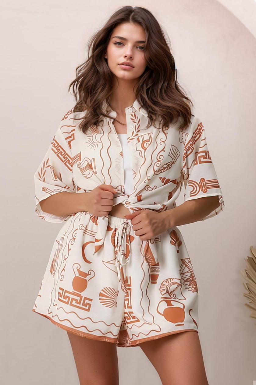 Mirian Button Up Shirt And Shorts Set - Piper Print in Tan